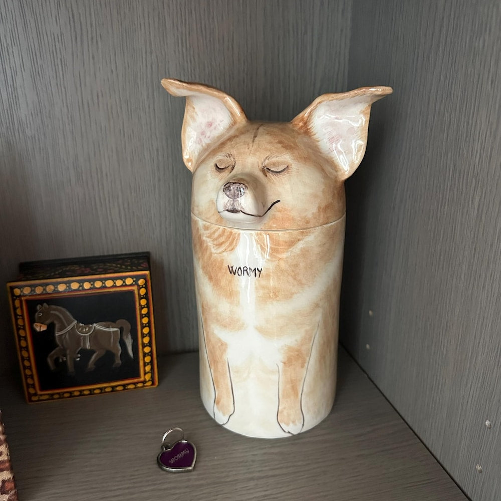 【オーダーメイド】世界に一つ 似顔絵 お名前入り ペット骨壷 ・うちの子・犬・猫 陶器製