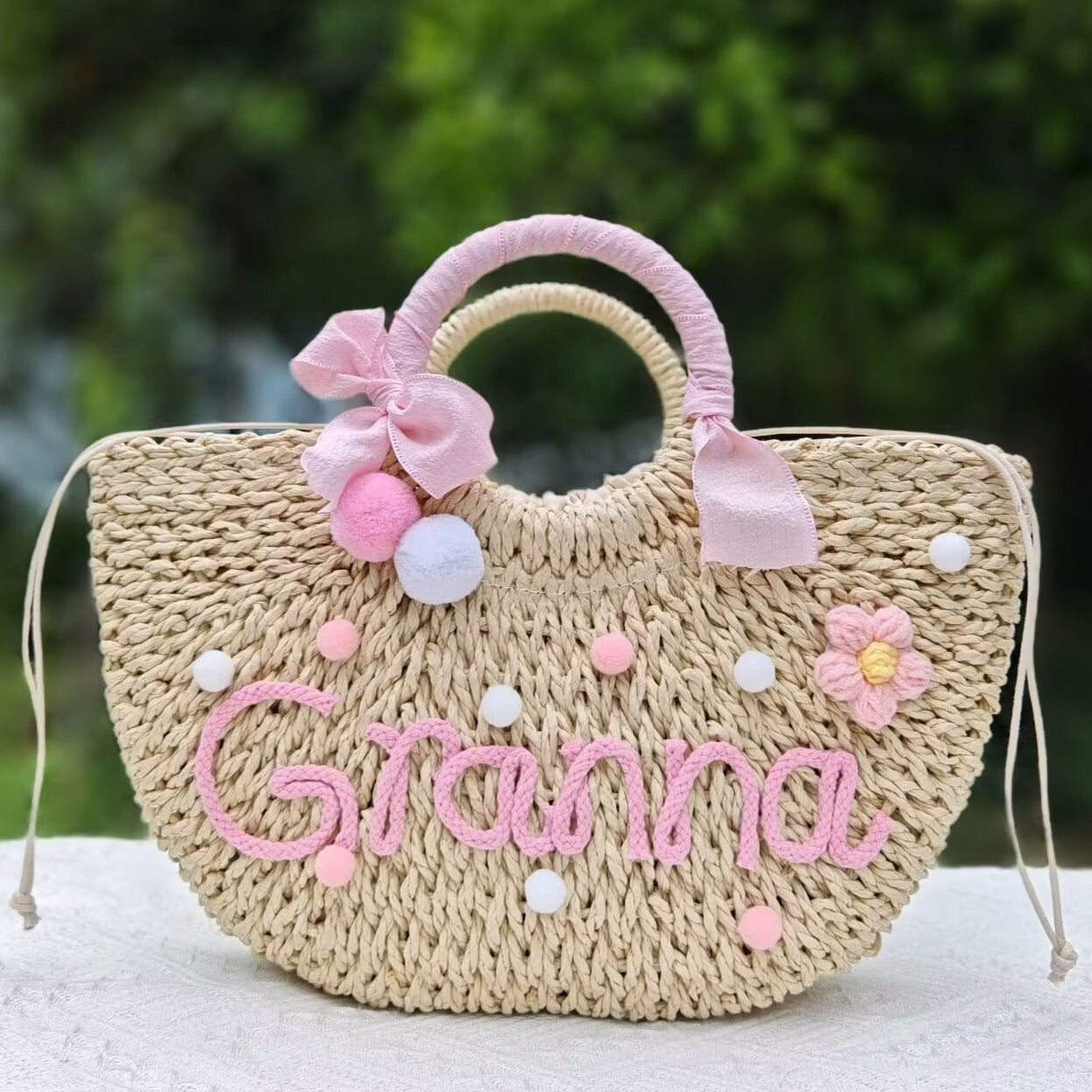 【オーダーメイド】名入れ草編みバッグ05・夏の織りハンドバッグ 手作り・大容量トート
