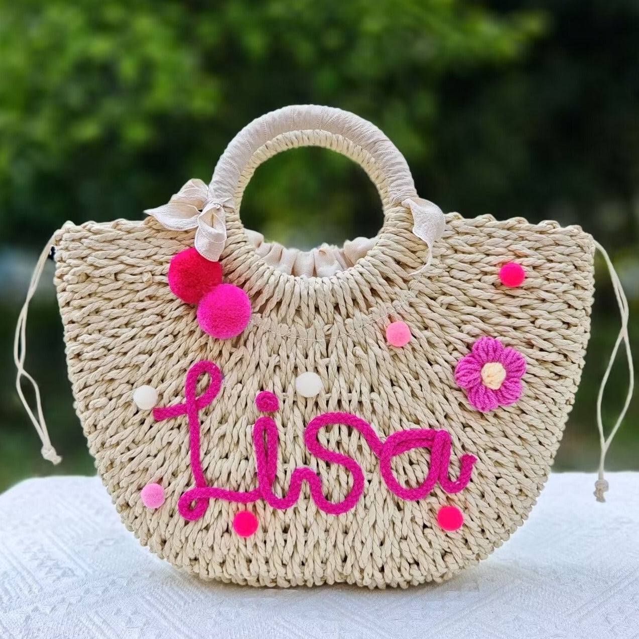 【オーダーメイド】名入れ草編みバッグ05・夏の織りハンドバッグ 手作り・大容量トート