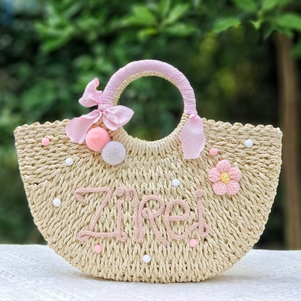 【オーダーメイド】名入れ草編みバッグ05・夏の織りハンドバッグ 手作り・大容量トート