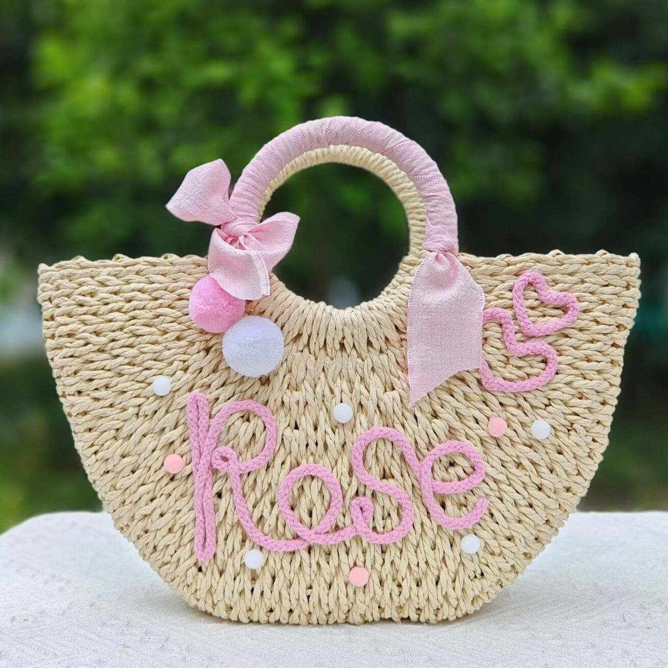 【オーダーメイド】名入れ草編みバッグ05・夏の織りハンドバッグ 手作り・大容量トート