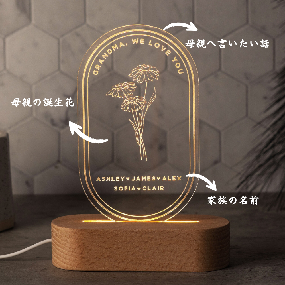 お母さんへのギフトアクリル LEDスタンド|誕生花|家族 名前入り|オーダーメイド02