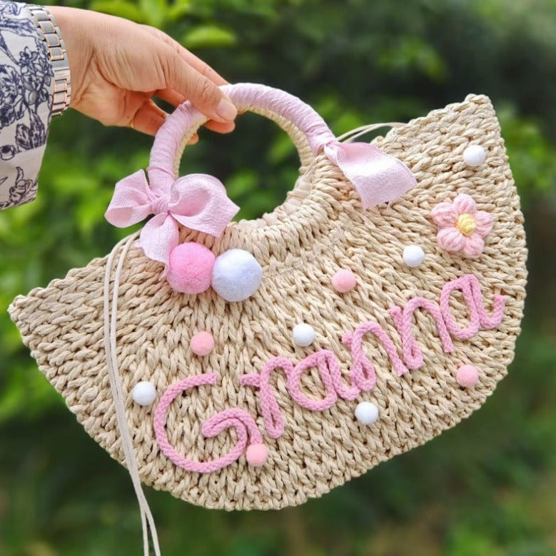 【オーダーメイド】名入れ草編みバッグ05・夏の織りハンドバッグ 手作り・大容量トート