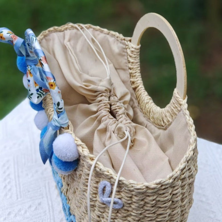 【オーダーメイド】名入れ草編みバッグ104・夏の織りハンドバッグ 手作り・大容量トート