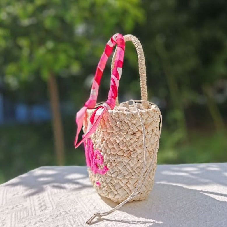 【オーダーメイド】名入れ草編みバッグ21・夏の織りハンドバッグ 手作り・大容量トート