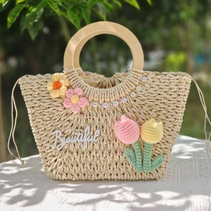【オーダーメイド】名入れ草編みバッグ084・夏の織りハンドバッグ 手作り・大容量トート