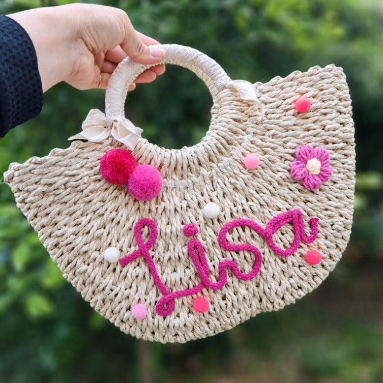 【オーダーメイド】名入れ草編みバッグ05・夏の織りハンドバッグ 手作り・大容量トート