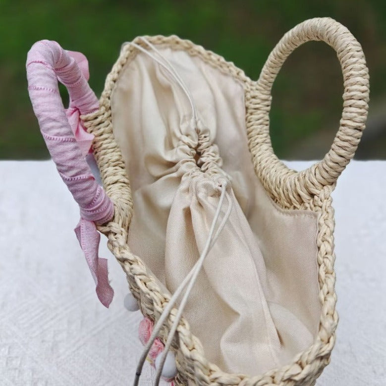 【オーダーメイド】名入れ草編みバッグ05・夏の織りハンドバッグ 手作り・大容量トート