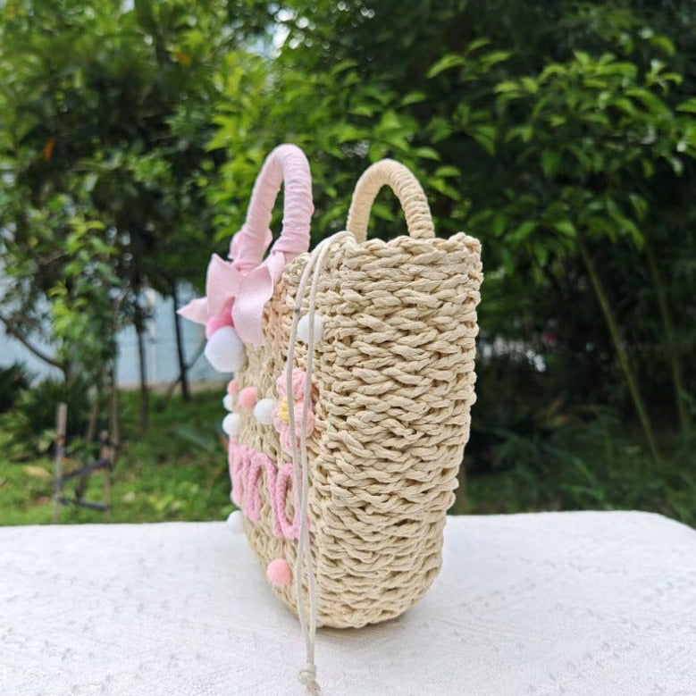 【オーダーメイド】名入れ草編みバッグ05・夏の織りハンドバッグ 手作り・大容量トート