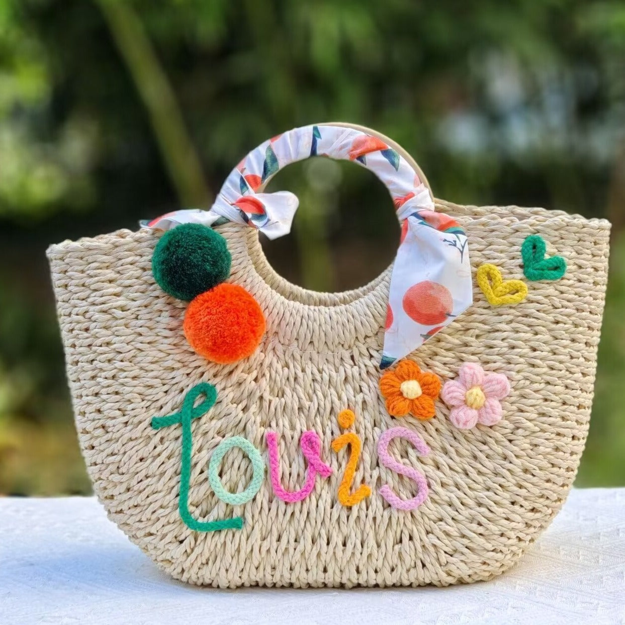 【オーダーメイド】名入れ草編みバッグ09・夏の織りハンドバッグ 手作り・大容量トート
