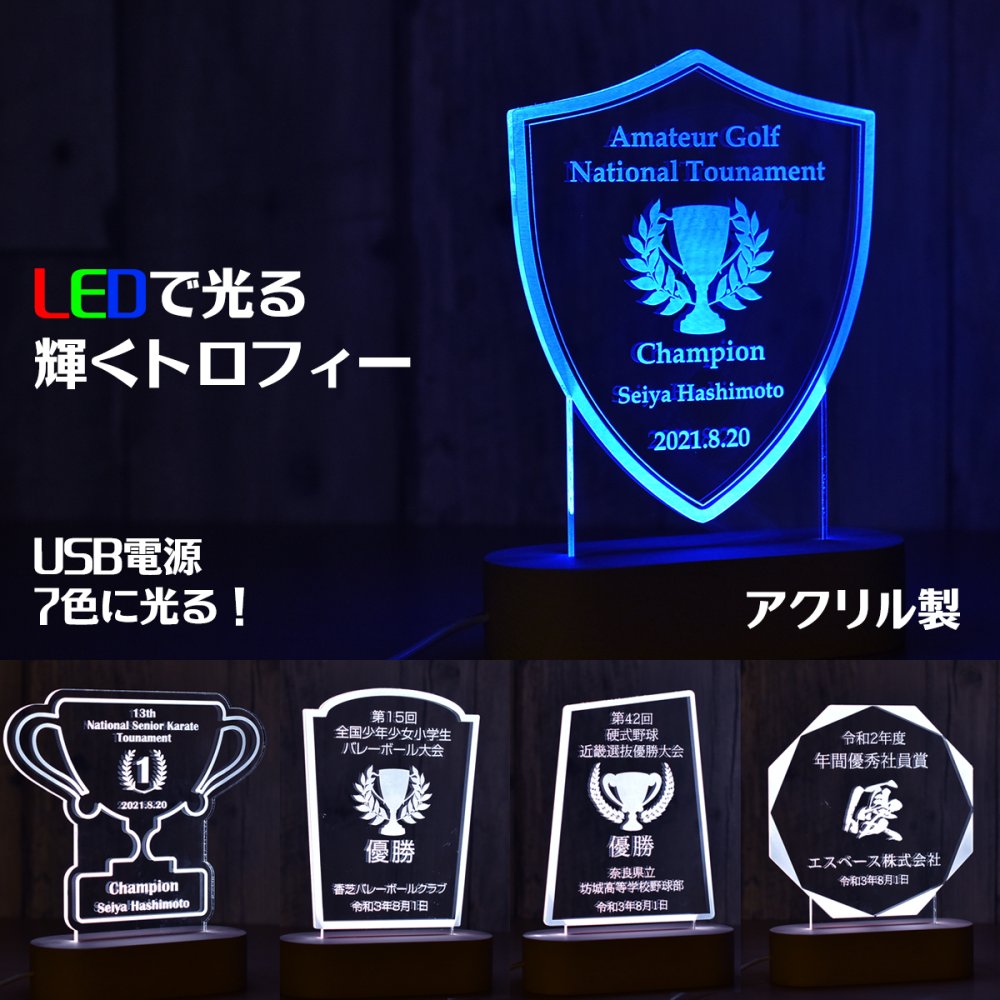 【オーダーメイド】オリジナル アクリル LEDスタンド トロフィー 盾 記念品 家族 友人 恋人 イベント 出場記念 優勝 記念 大会 贈呈
