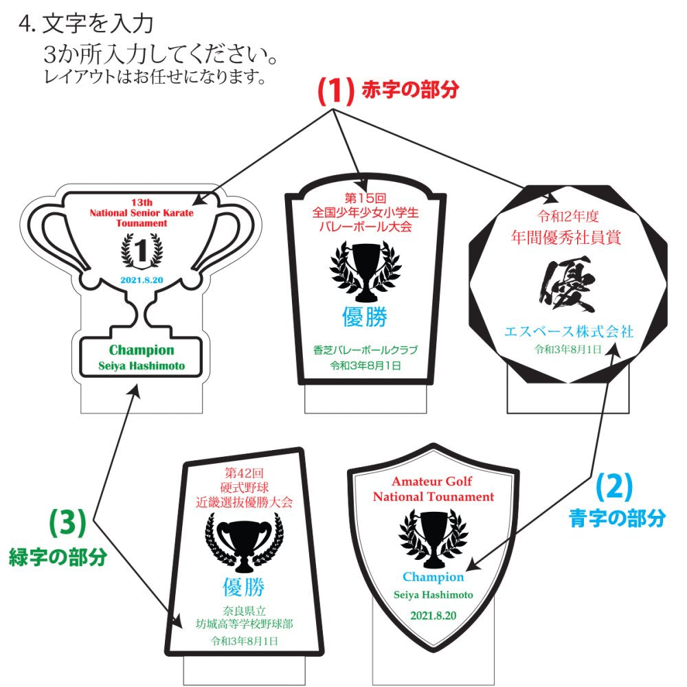 【オーダーメイド】オリジナル アクリル LEDスタンド トロフィー 盾 記念品 家族 友人 恋人 イベント 出場記念 優勝 記念 大会 贈呈