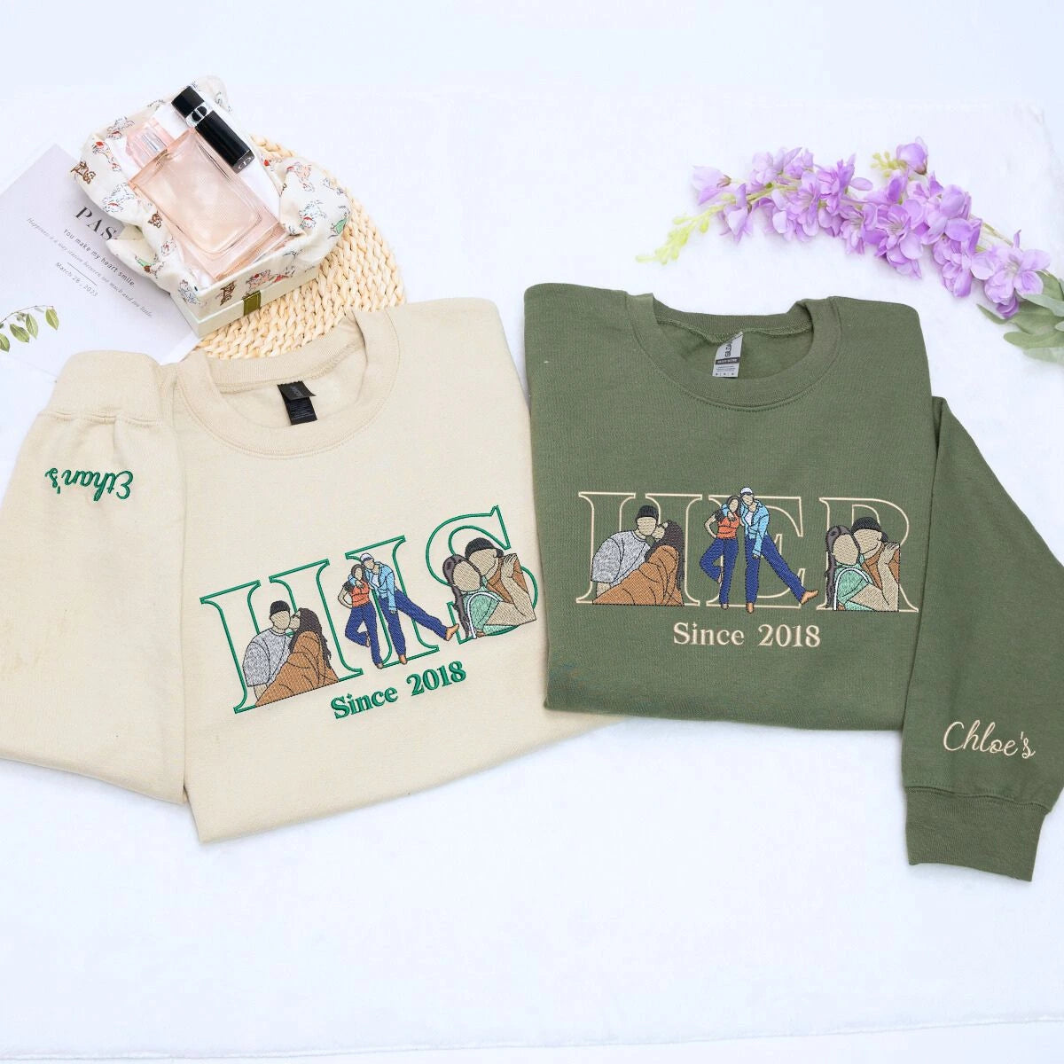 刺繍入り 写真入り トレーナー 名前入り パーカー 記念日 バレンタインデー ギフト Her&His デザイン