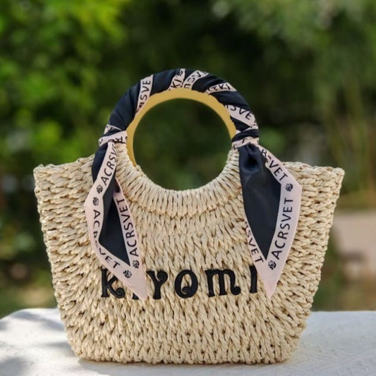 【オーダーメイド】名入れ草編みバッグ68・夏の織りハンドバッグ 手作り・大容量トート