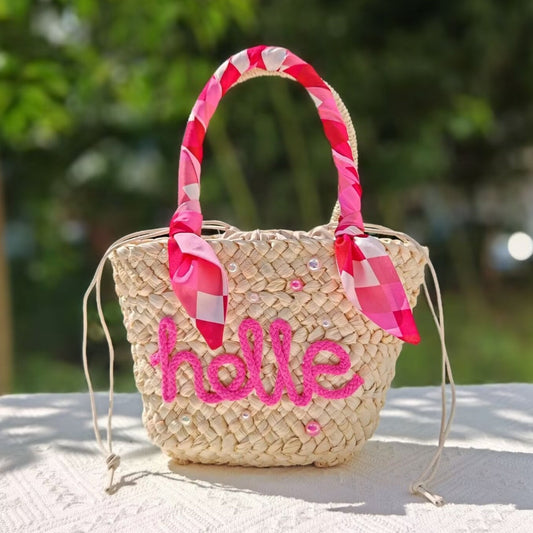 【オーダーメイド】名入れ草編みバッグ21・夏の織りハンドバッグ 手作り・大容量トート